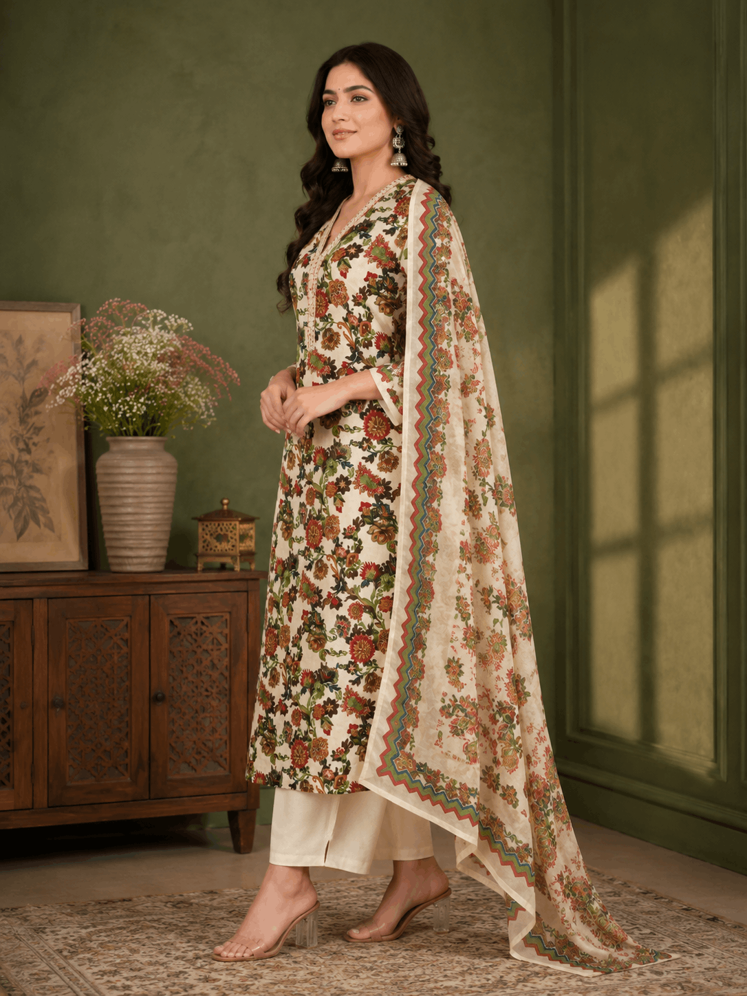 Premium Floral Printed Cotton 3 Piece Suit Set