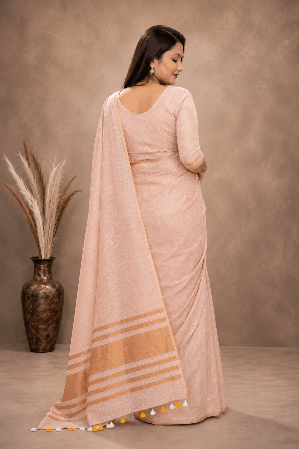 Premium Tissue Linen Saree – Elegant Blush Pink with Golden Border