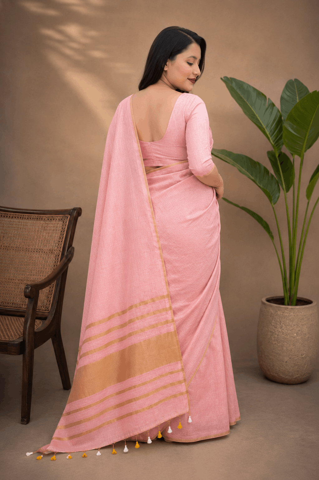 Premium Tissue Linen Saree – Baby Pink with Golden Border