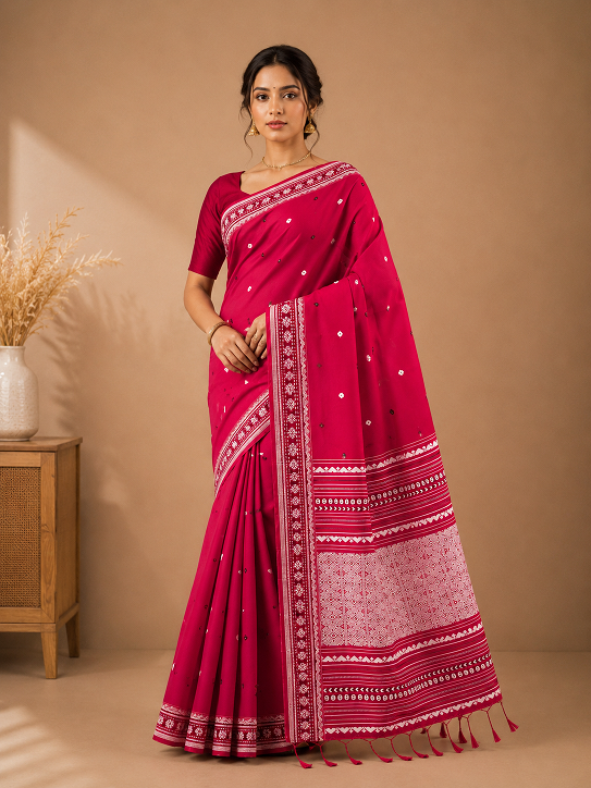 Premium Assam Khadi Saree – Rani Pink Elegance