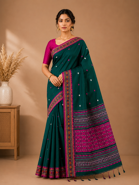 Premium Assam Khadi Saree – Emerald Green & Magenta Elegance