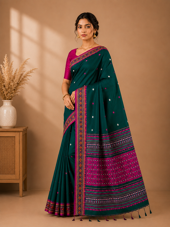 Premium Assam Khadi Saree – Emerald Green & Magenta Elegance