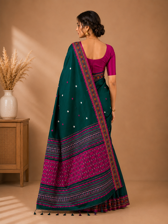 Premium Assam Khadi Saree – Emerald Green & Magenta Elegance