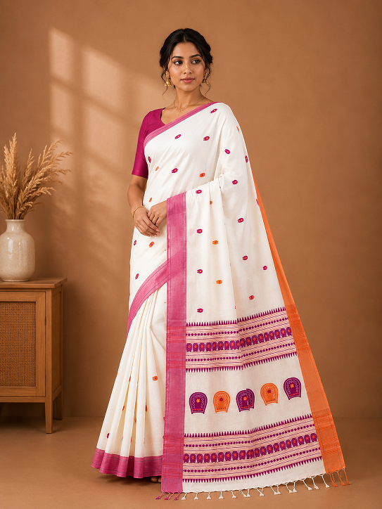 Premium Assam Kulo Khadi Saree – Ivory White with Pink Border