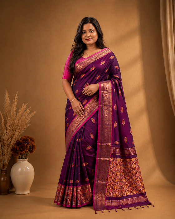Premium Handloom Banarasi Saree – Royal Purple with Rich Zari Border & Designer Pallu
