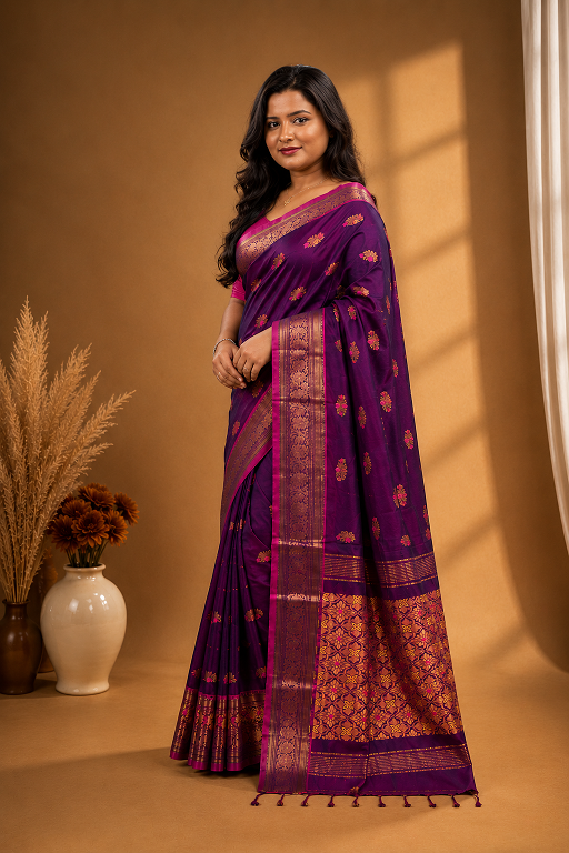 Premium Handloom Banarasi Saree – Royal Purple with Rich Zari Border & Designer Pallu
