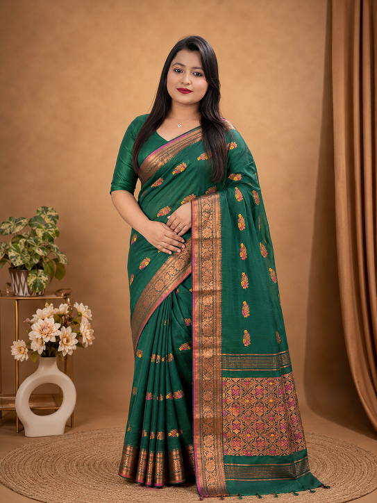 Premium Handloom Banarasi Saree – Emerald Green with Rich Zari Border