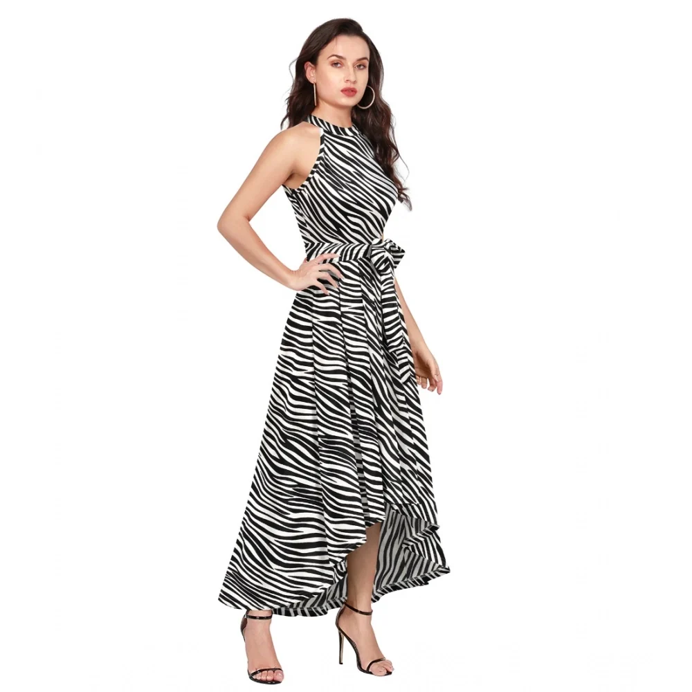 Women's Polyester Zebra Pattern Halter Neck Sleeveless Dress (White) BSB71DYYYlt_S47_Zibra_Wht_L