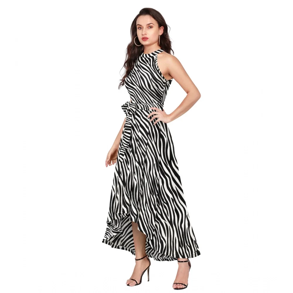 Women's Polyester Zebra Pattern Halter Neck Sleeveless Dress (White) BSB71DYYYlt_S47_Zibra_Wht_L