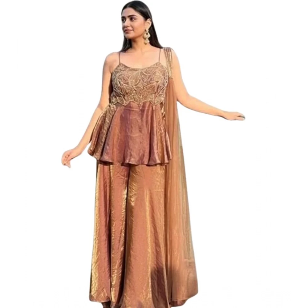 Women's Silk Embroidered Sleeveless Round Kurti With Palazzo Pant and Dupatta Set (Brown) A3512222210_L