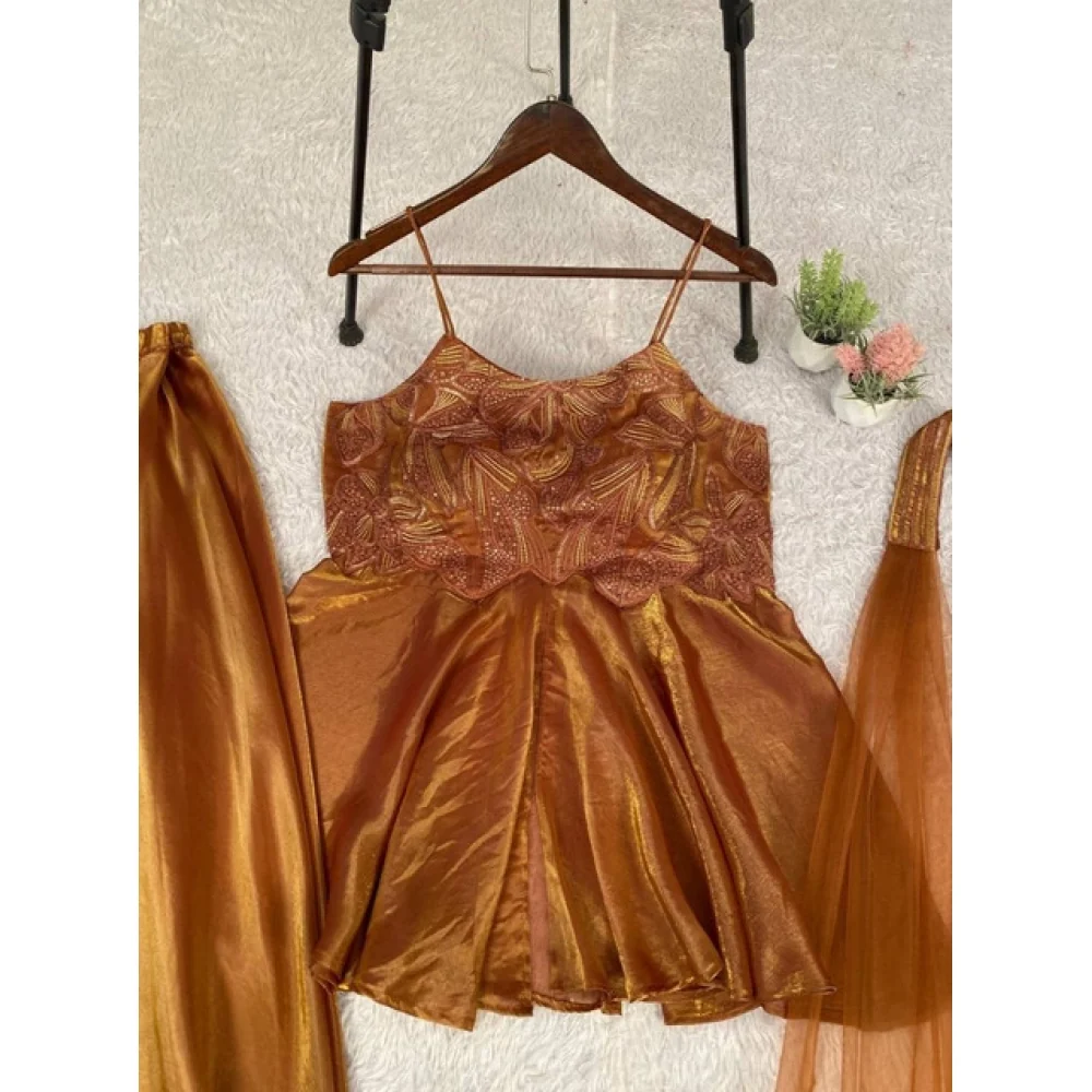 Women's Silk Embroidered Sleeveless Round Kurti With Palazzo Pant and Dupatta Set (Brown)        A3512222210_L 