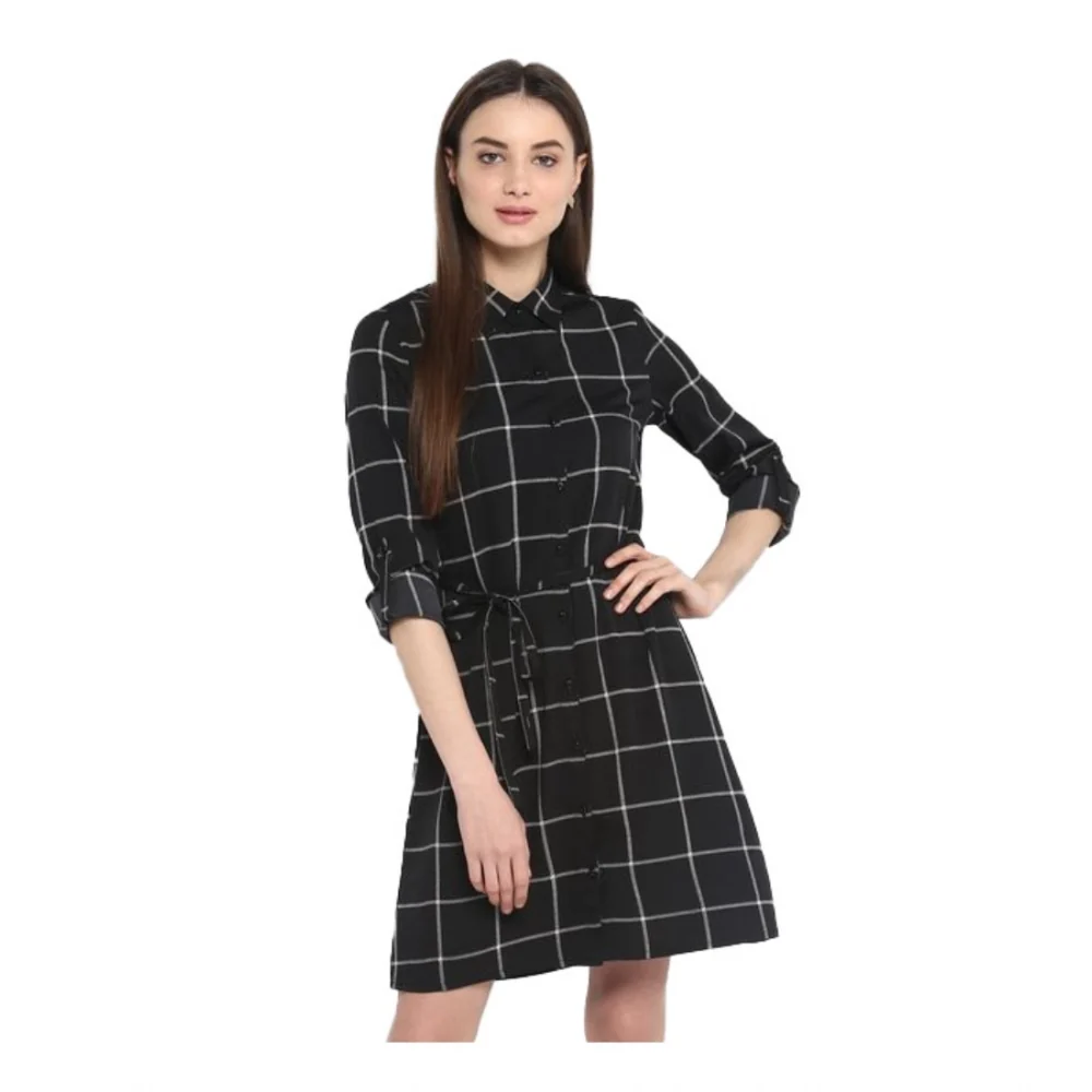 Women's Polyester Checkered Roll Up Sleeve Above Knee Dress (Black - White) BSB1833YYY322_XL