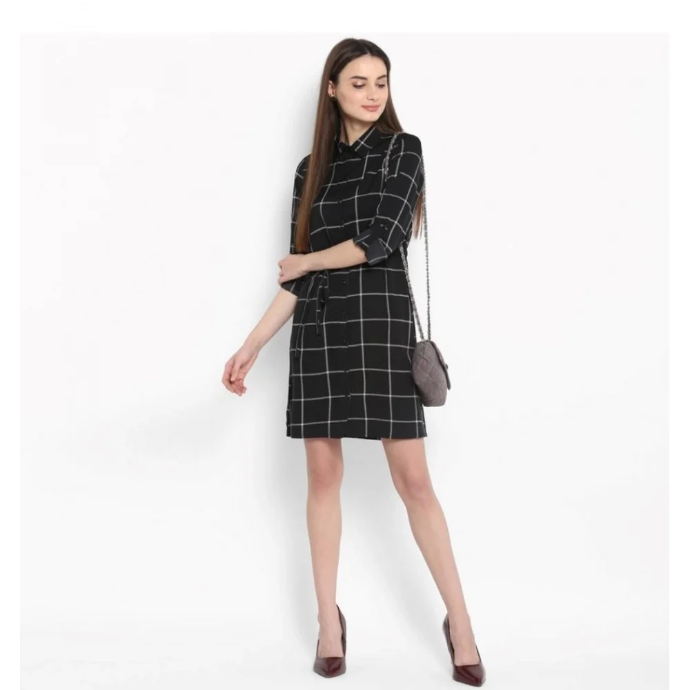 Women's Polyester Checkered Roll Up Sleeve Above Knee Dress (Black - White) BSB1833YYY322_XL