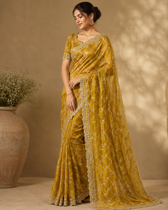 Women's Silk Embellished Saree With Unstitched Blouse 5.5Mtr (Mustard-Yellow) A871692686