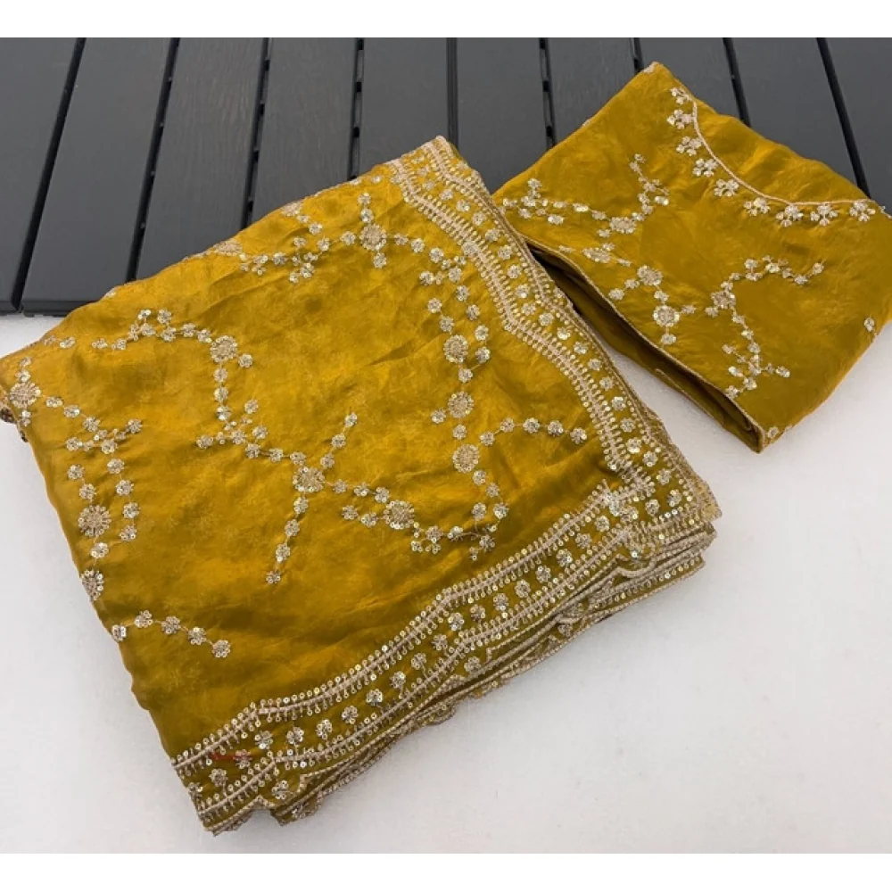 Women's Silk Embellished Saree With Unstitched Blouse 5.5Mtr (Mustard-Yellow) A871692686
