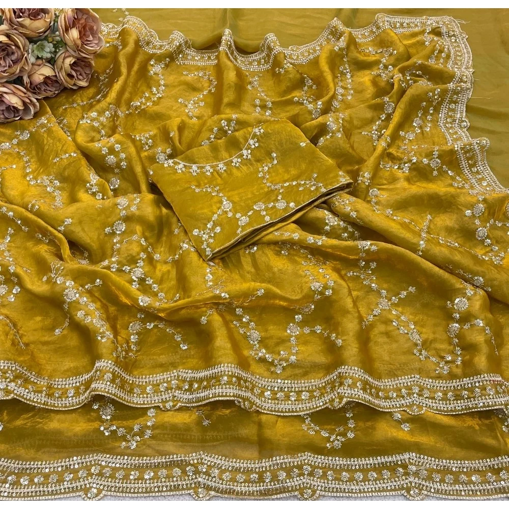 Women's Silk Embellished Saree With Unstitched Blouse 5.5Mtr (Mustard-Yellow) A871692686