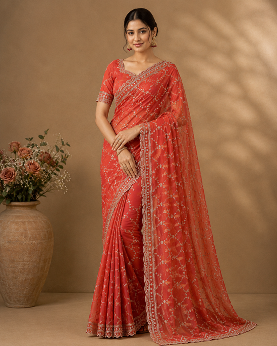 Women's Silk Embellished Saree With Unstitched Blouse 5.5Mtr (Orange) A871692683