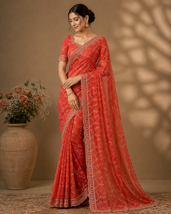 Women's Silk Embellished Saree With Unstitched Blouse 5.5Mtr (Orange) A871692683