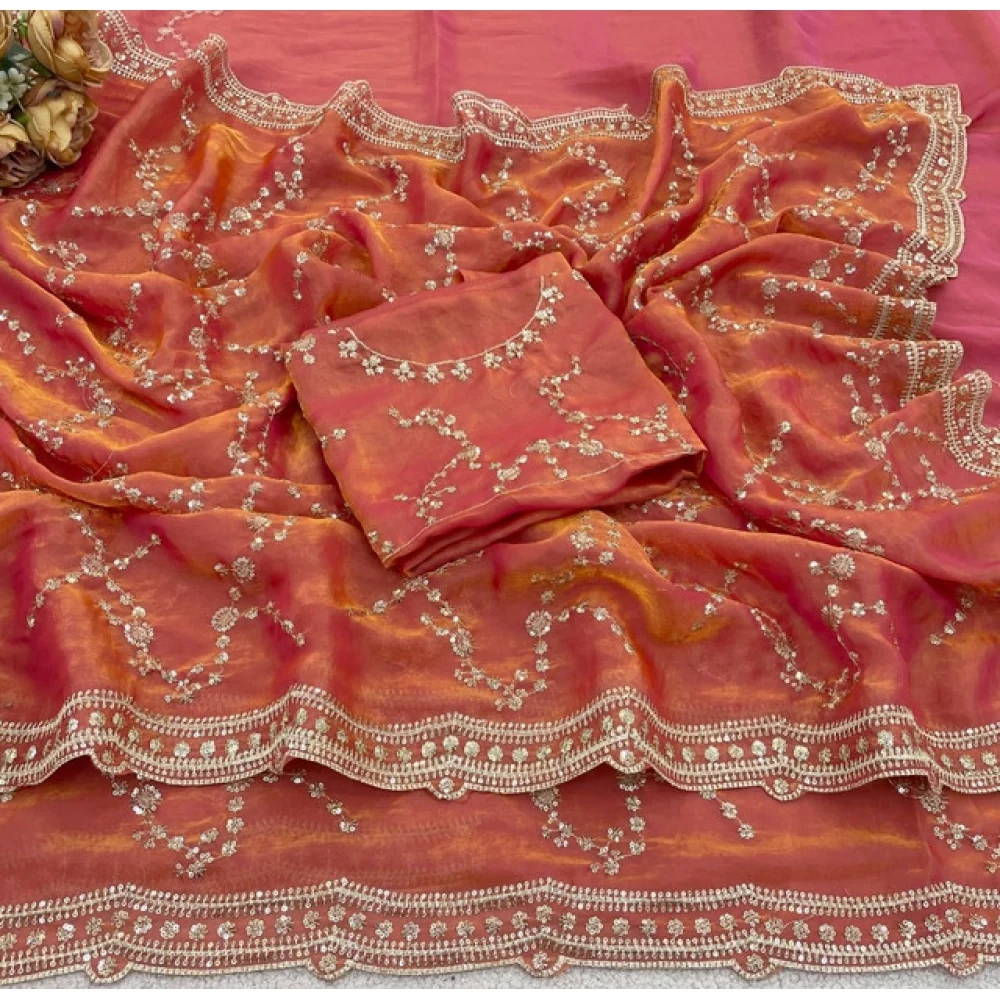 Women's Silk Embellished Saree With Unstitched Blouse 5.5Mtr (Orange) A871692683