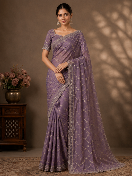 Women's Silk Embellished Saree With Unstitched Blouse 5.5Mtr (Lavender) A871692682