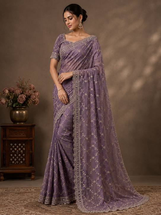 Women's Silk Embellished Saree With Unstitched Blouse 5.5Mtr (Lavender)       A871692682