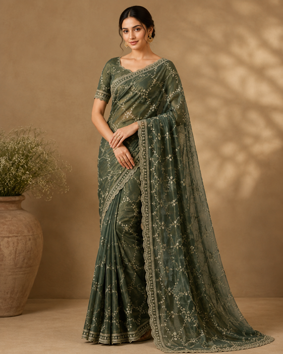 Women's Silk Embellished Saree With Unstitched Blouse 5.5Mtr (Green) A871692681