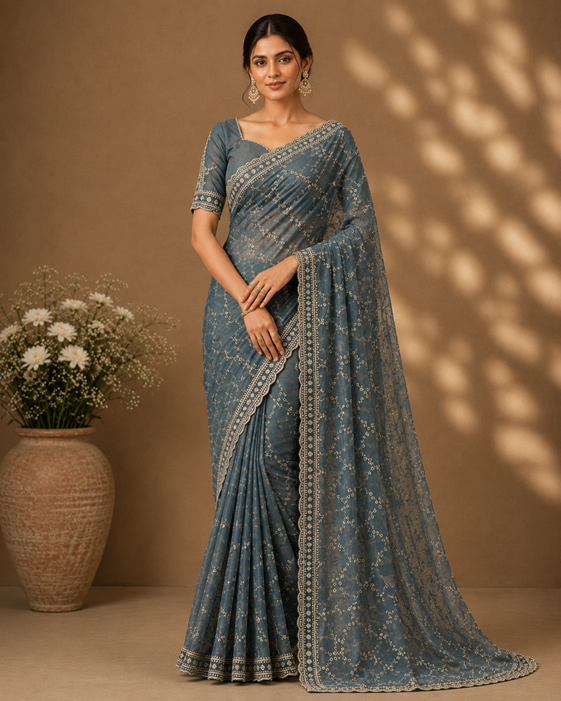 Women's Silk Embellished Saree With Unstitched Blouse 5.5Mtr (Grey)