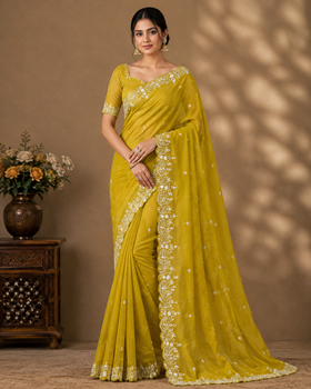Women's Star Georgette Embroidered Saree With Unstitched Blouse 5.5Mtr (Mustard Yellow) A871692647