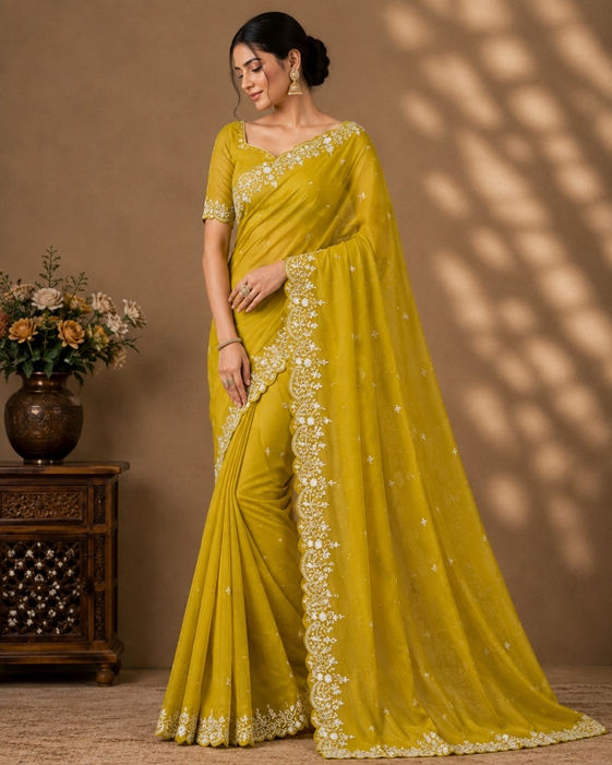 Women's Star Georgette Embroidered Saree With Unstitched Blouse 5.5Mtr (Mustard Yellow) A871692647