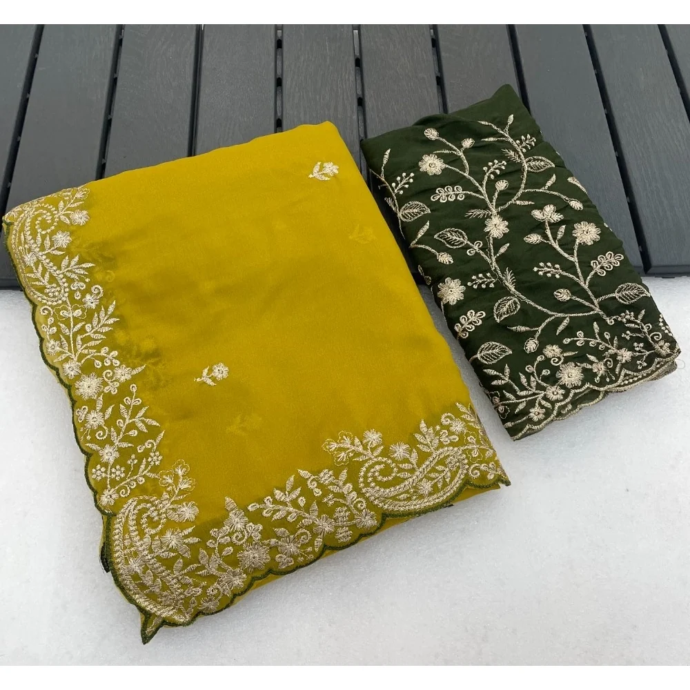Women's Star Georgette Embroidered Saree With Unstitched Blouse 5.5Mtr (Mustard Yellow) A871692647