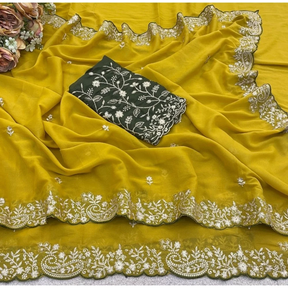 Women's Star Georgette Embroidered Saree With Unstitched Blouse 5.5Mtr (Mustard Yellow) A871692647