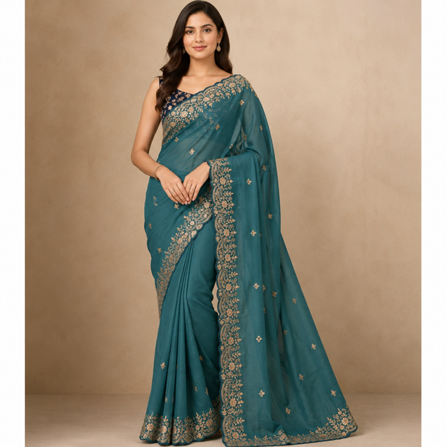 Women's Star Georgette Embroidered Saree With Unstitched Blouse 5.5Mtr (Sea Green) A871692646
