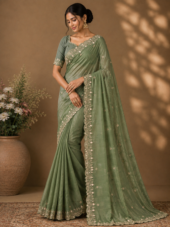 Women's Star Georgette Embroidered Saree With Unstitched Blouse 5.5Mtr (Green) A871692643