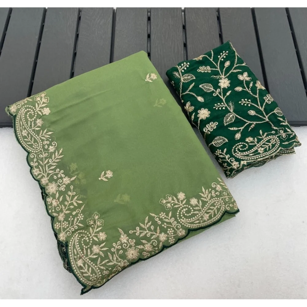 Women's Star Georgette Embroidered Saree With Unstitched Blouse 5.5Mtr (Green) A871692643