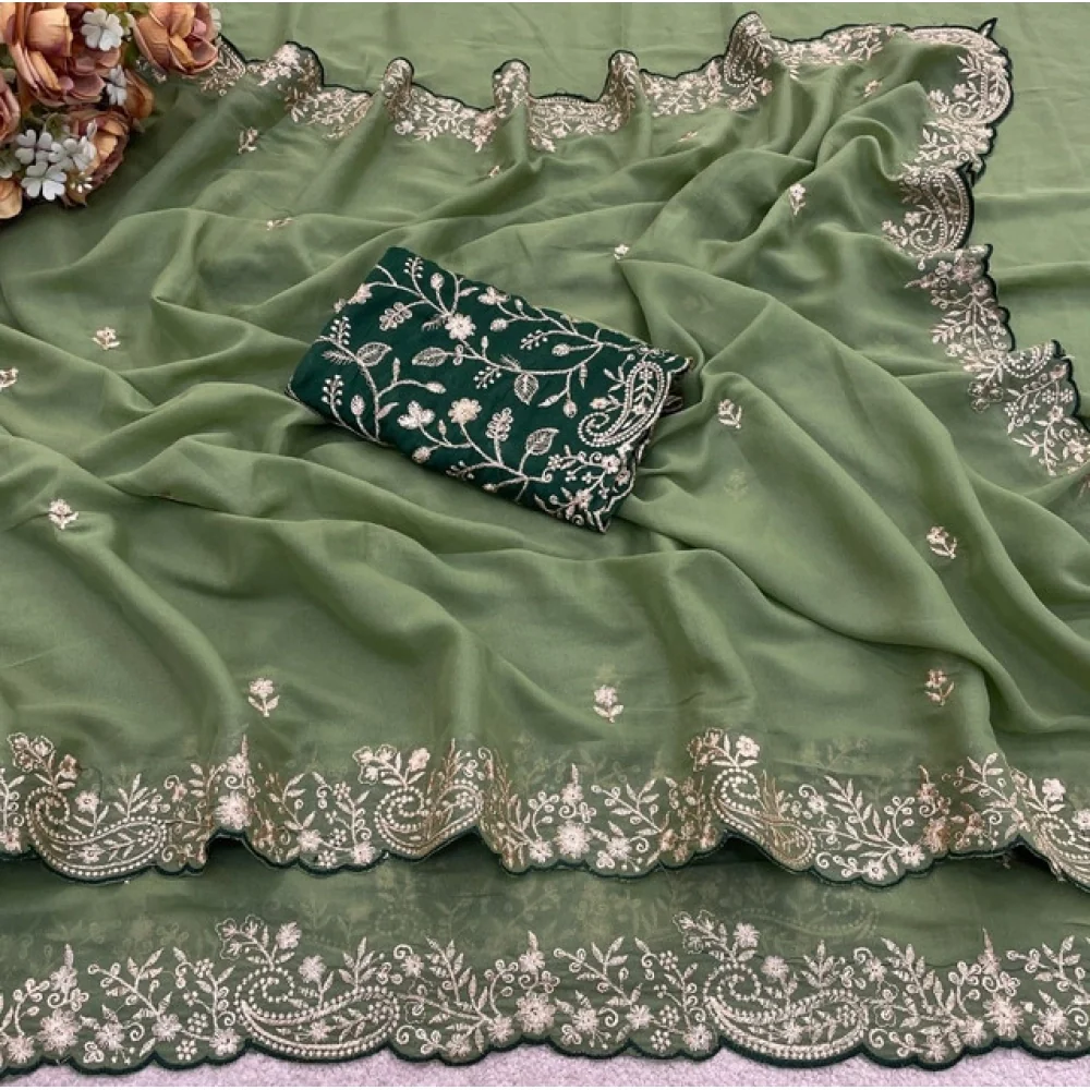 Women's Star Georgette Embroidered Saree With Unstitched Blouse 5.5Mtr (Green) A871692643