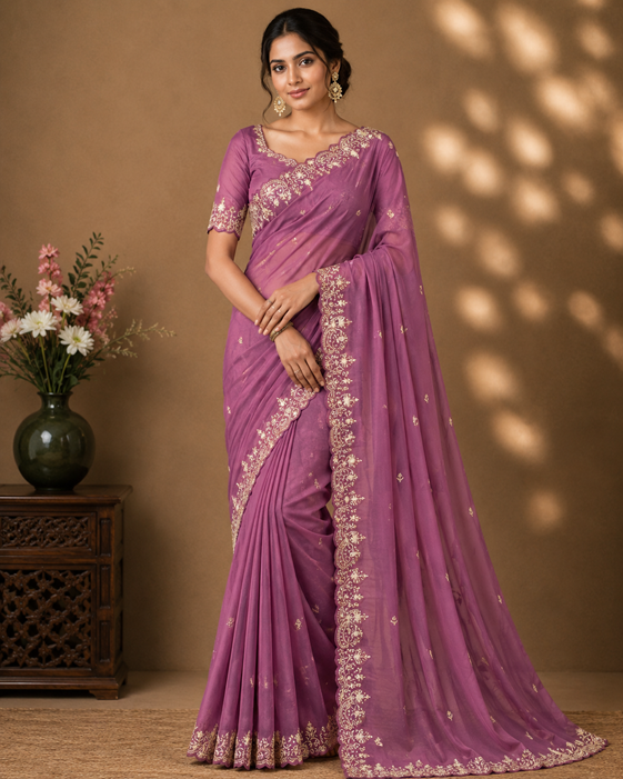 Women's Star Georgette Embroidered Saree With Unstitched Blouse 5.5Mtr (Pink) A871692644