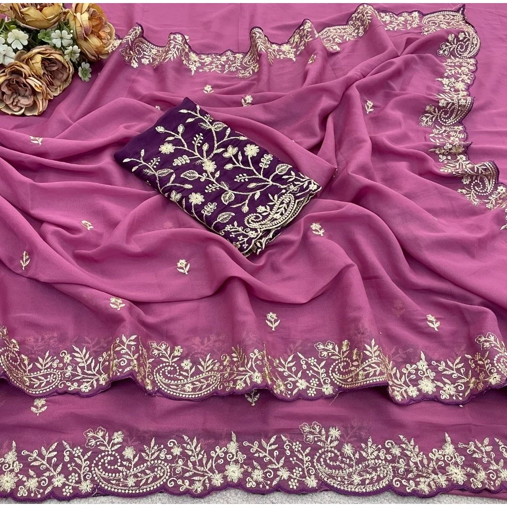 Women's Star Georgette Embroidered Saree With Unstitched Blouse 5.5Mtr (Pink)      A871692644