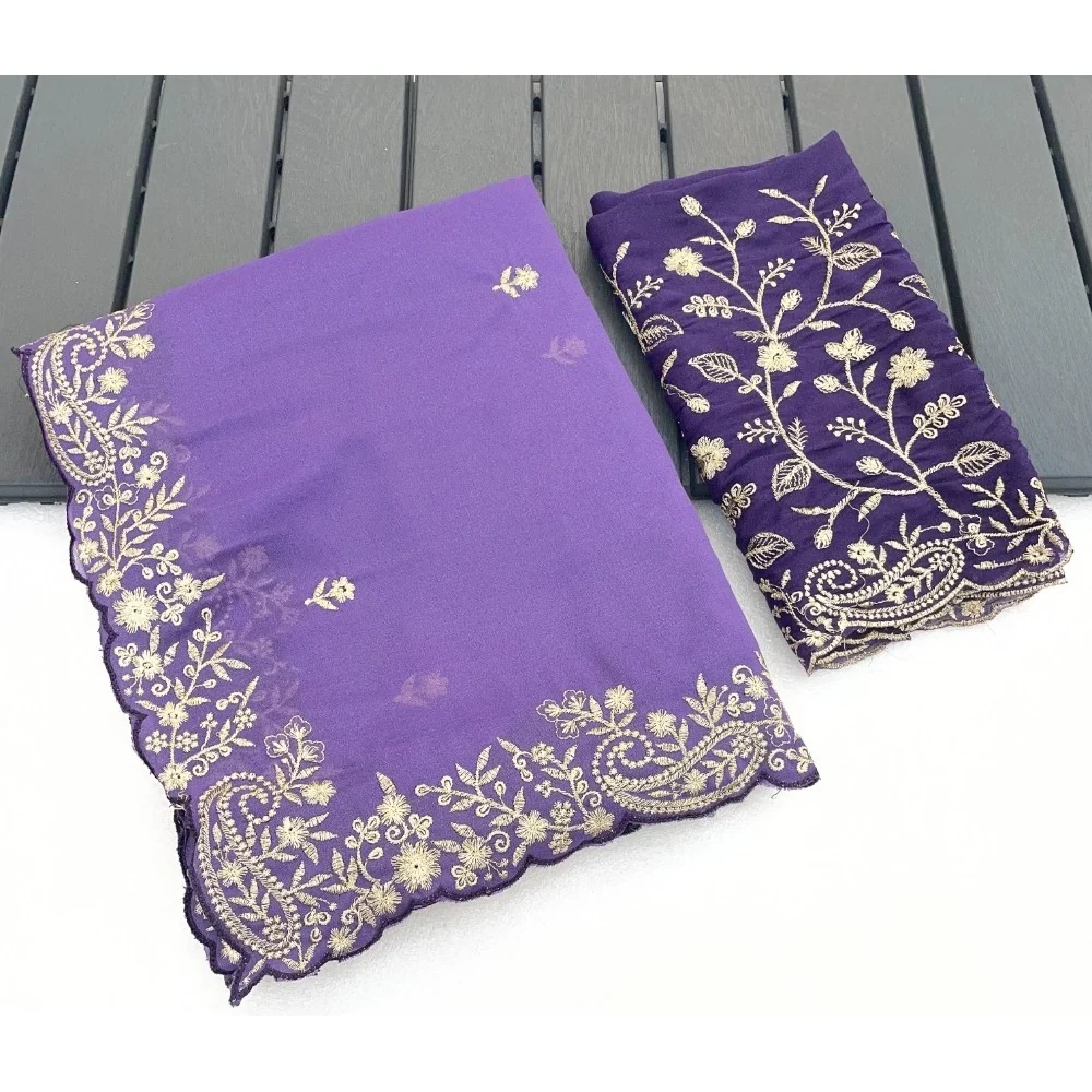 Women's Star Georgette Embroidered Saree With Unstitched Blouse 5.5Mtr (Purple)     A871692645