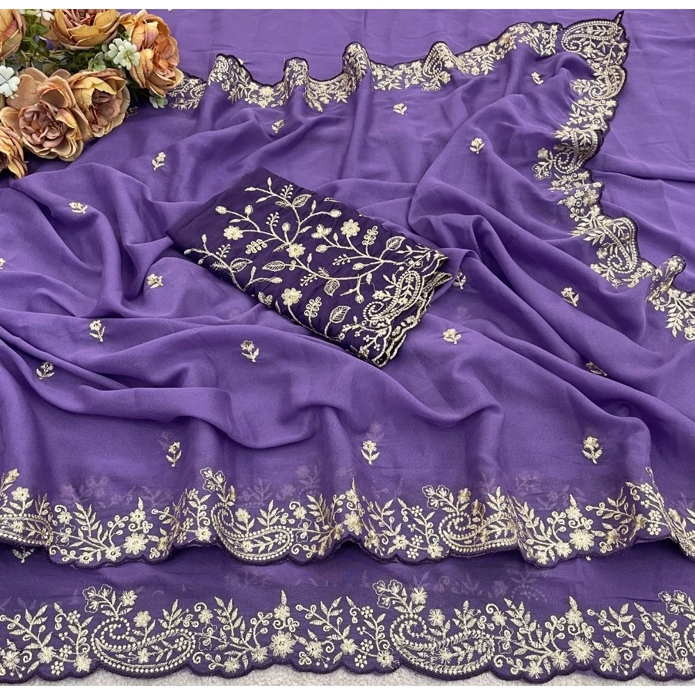 Women's Star Georgette Embroidered Saree With Unstitched Blouse 5.5Mtr (Purple)     A871692645