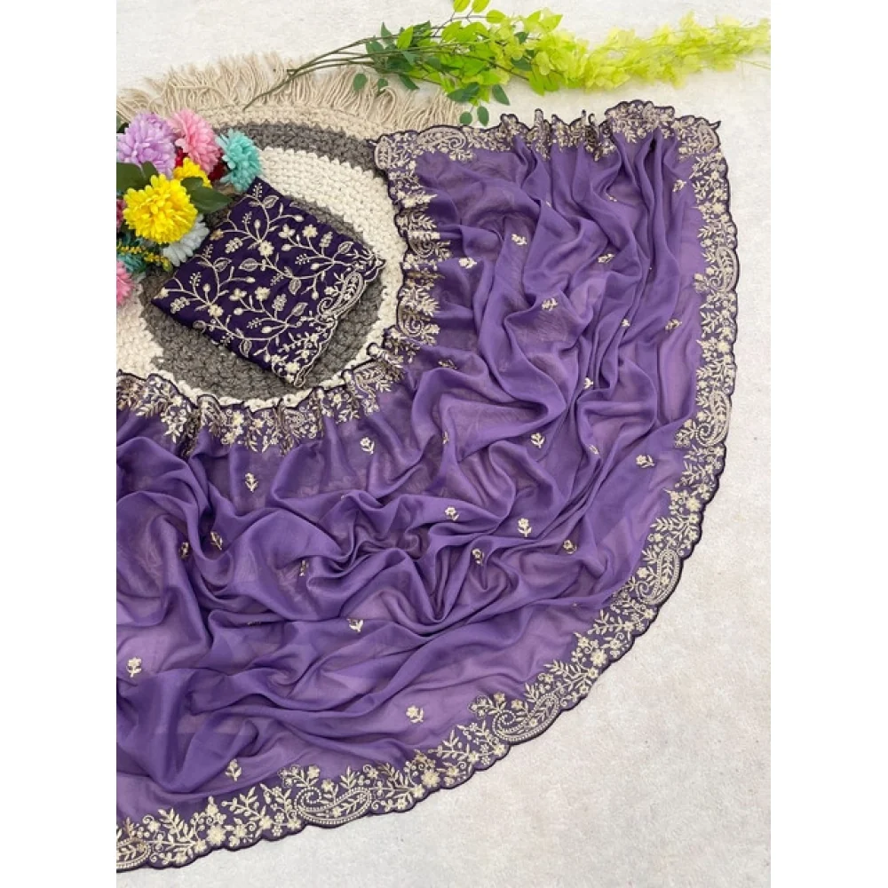 Women's Star Georgette Embroidered Saree With Unstitched Blouse 5.5Mtr (Purple)     A871692645