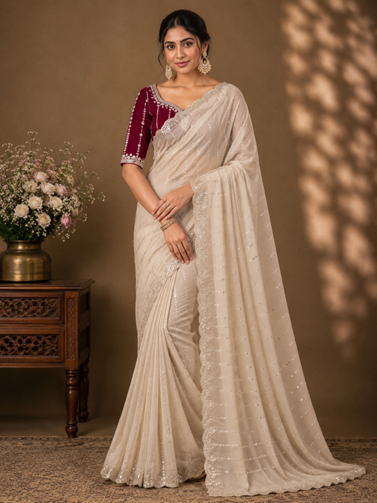 Women's Star Georgette Embroidered Saree With Unstitched Blouse 5.5Mtr (Beige) A871692615