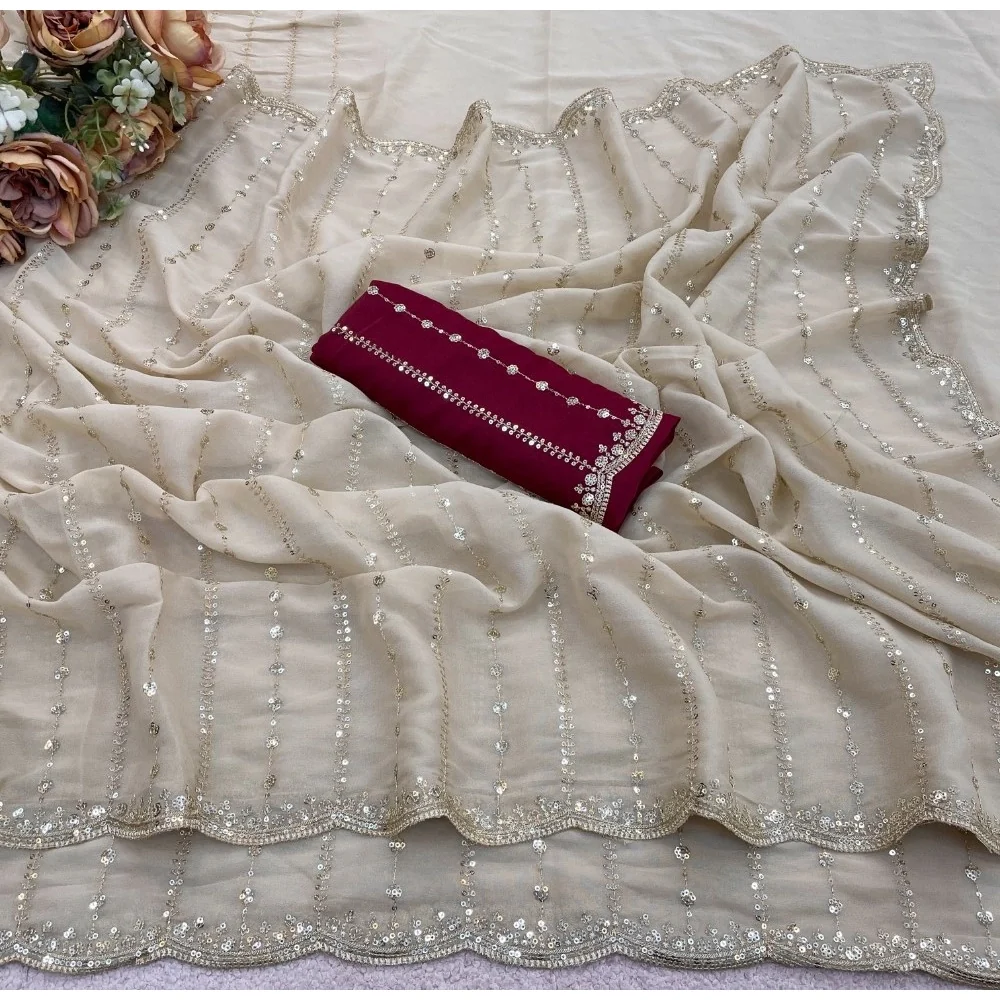 Women's Star Georgette Embroidered Saree With Unstitched Blouse 5.5Mtr (Beige) A871692615