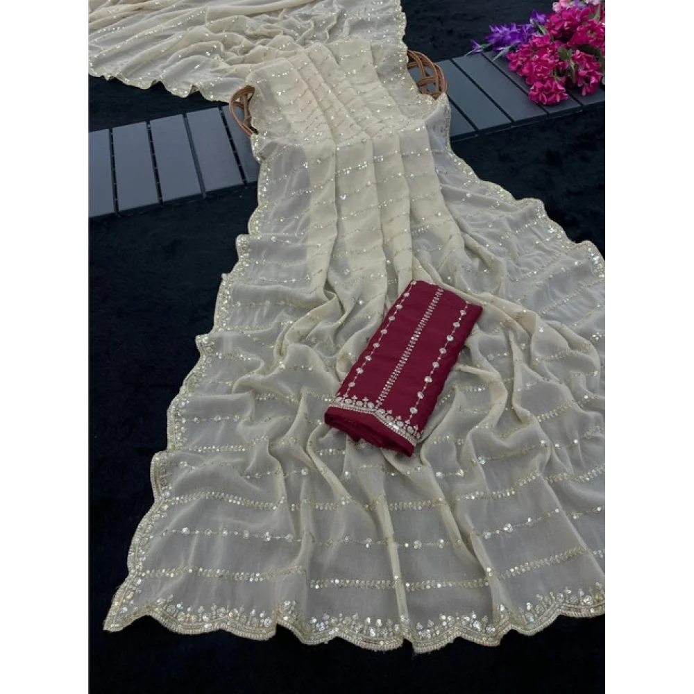 Women's Star Georgette Embroidered Saree With Unstitched Blouse 5.5Mtr (Beige) A871692615