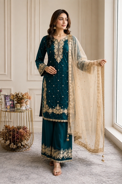 Women's Silk Embroidered 3/4th Sleeve Round Kurti With Palazzo Pant and Dupatta Set (Teal) A3512222217_XL