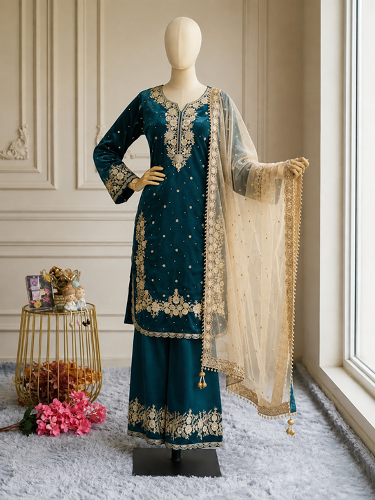 Women's Silk Embroidered 3/4th Sleeve Round Kurti With Palazzo Pant and Dupatta Set (Teal) A3512222217_XL