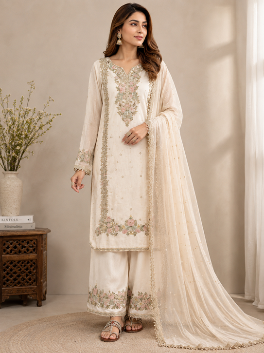 Women's Silk Embroidered 3/4th Sleeve Round Kurti With Palazzo Pant and Dupatta Set (White) A3512222219_L