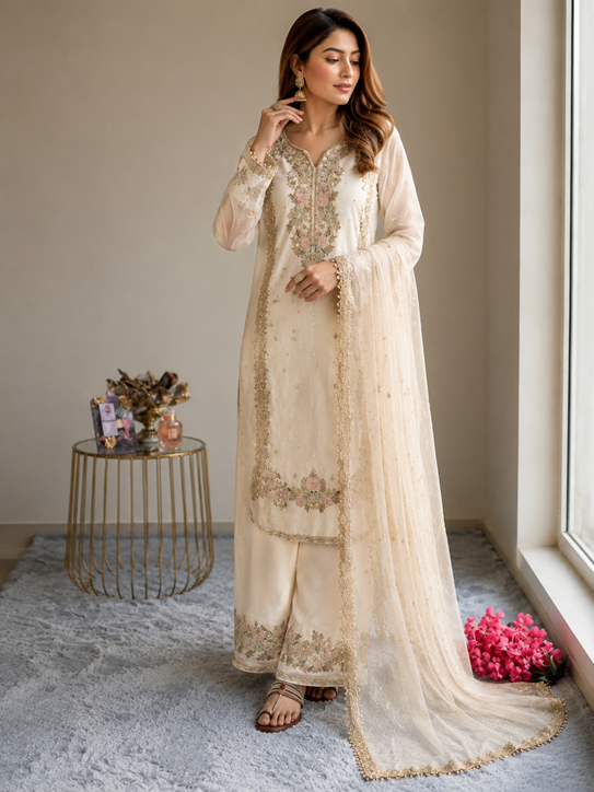 Women's Silk Embroidered 3/4th Sleeve Round Kurti With Palazzo Pant and Dupatta Set (White) A3512222219_L