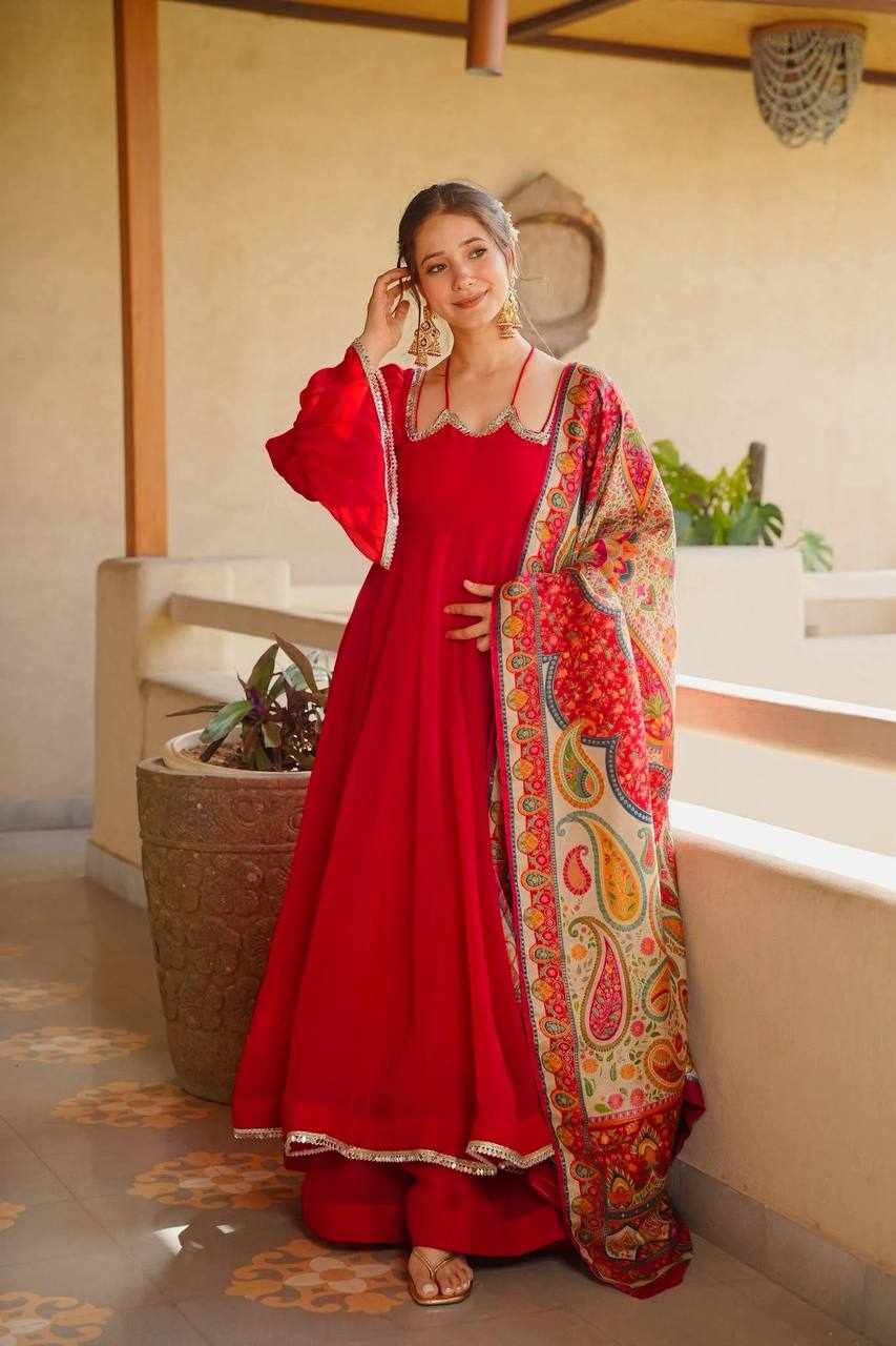 Premium Ruby Red Anarkali 3-Piece Set