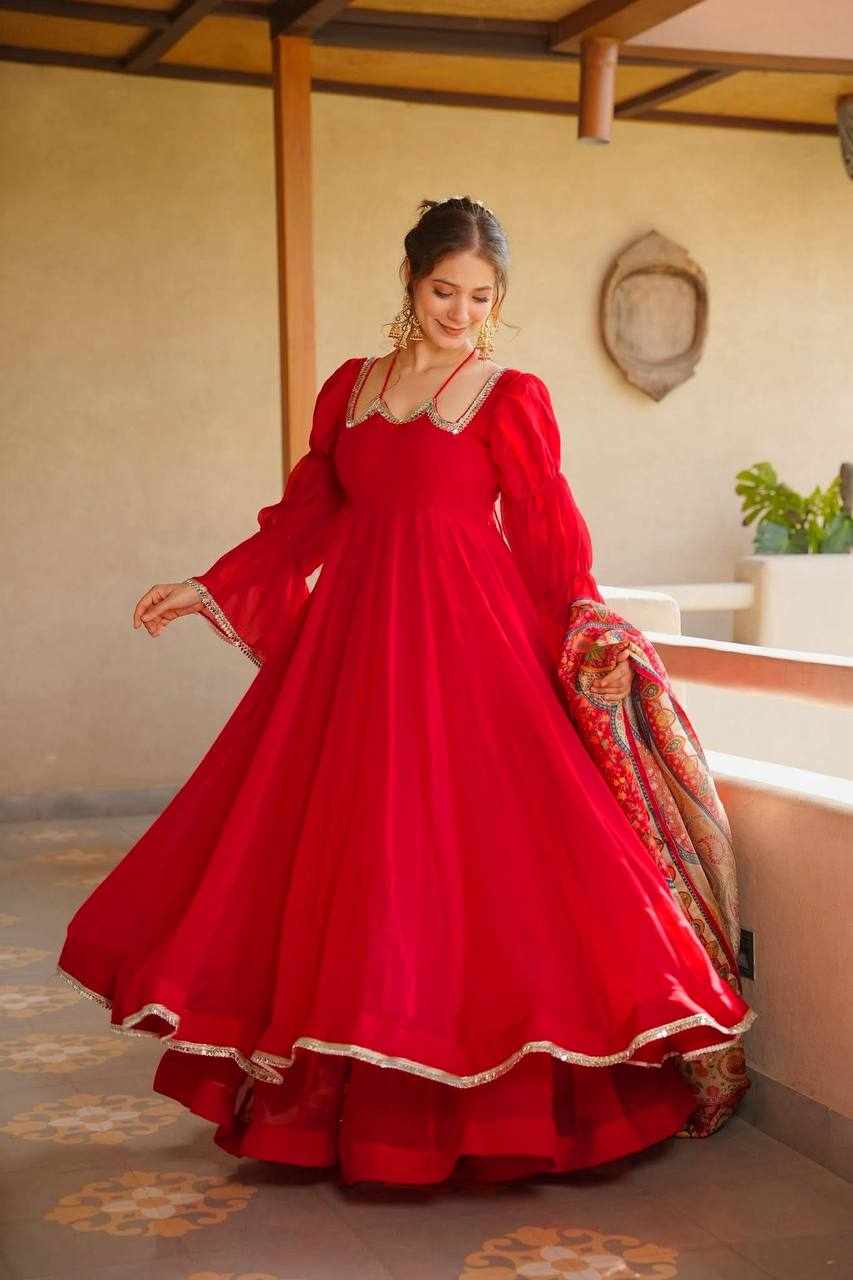 Premium Ruby Red Anarkali 3-Piece Set
