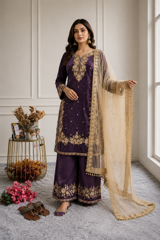Women's Silk Embroidered 3/4th Sleeve Round Kurti With Palazzo Pant and Dupatta Set (Purple) A3512222218_L